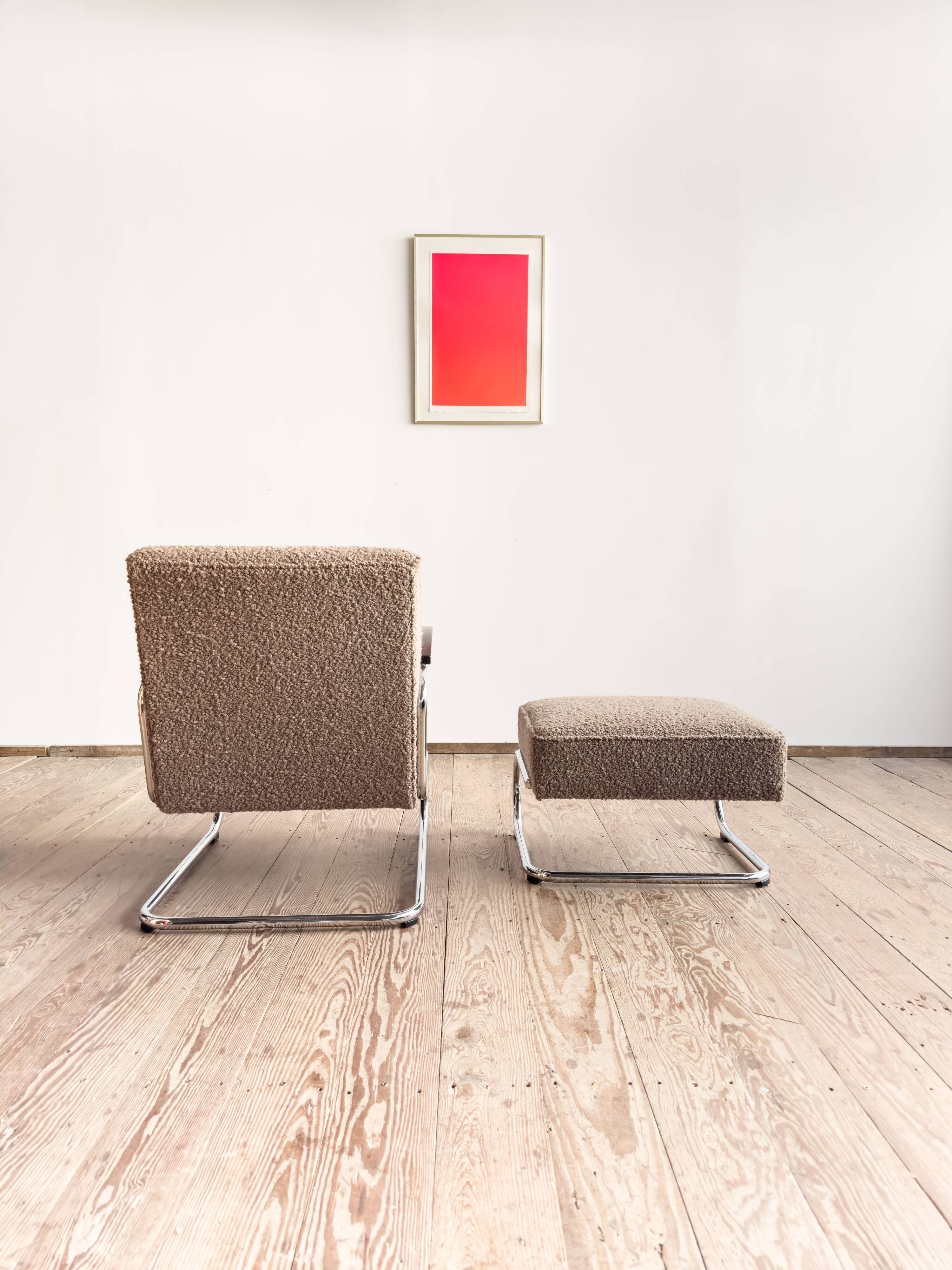 Fauteuil et ottoman Thonet 411 Bauhaus en tissu bouclé