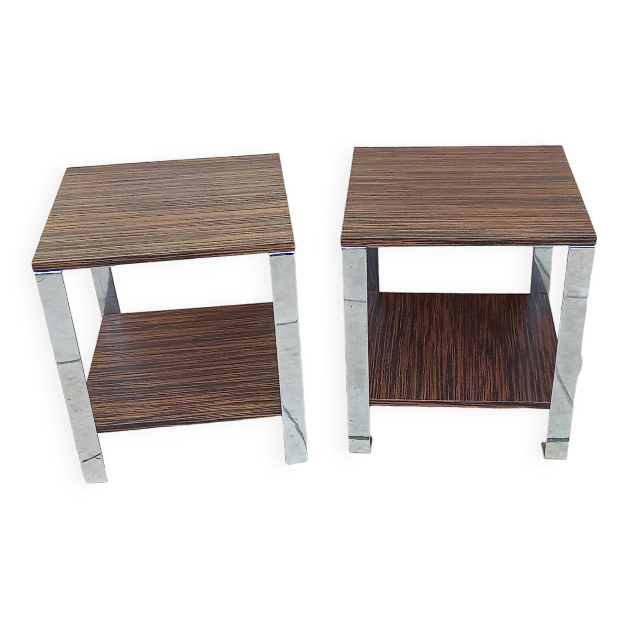 Pair of vintage 70s chrome zebrano wood bedside tables