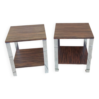 Pair of vintage 70s chrome zebrano wood bedside tables
