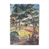 Oil painting on canvas "Animated Orientalist Landscape" signed, first half of the 20th century