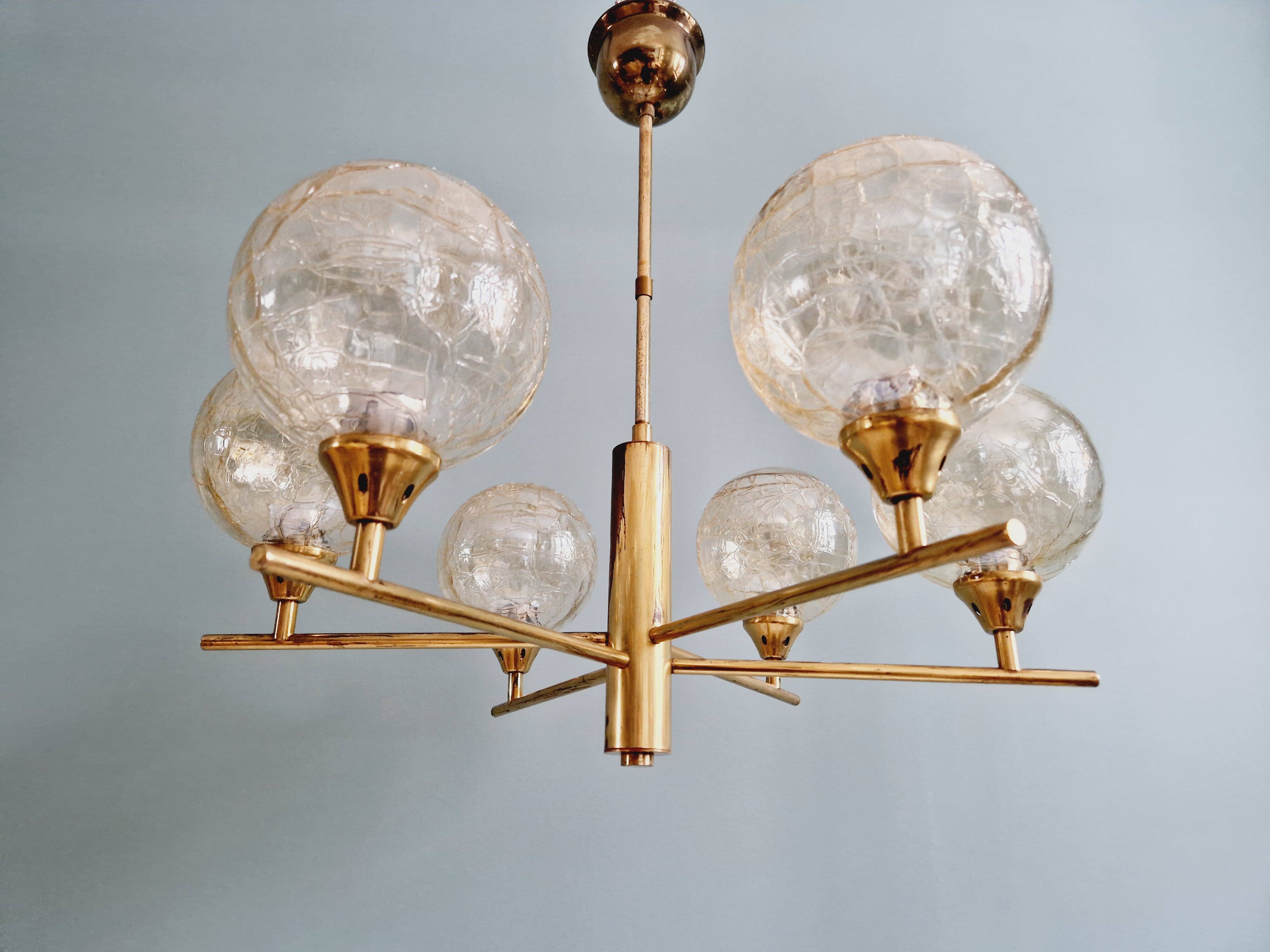 Brass chandelier with amber cracked glass globes, 1950s-60s
