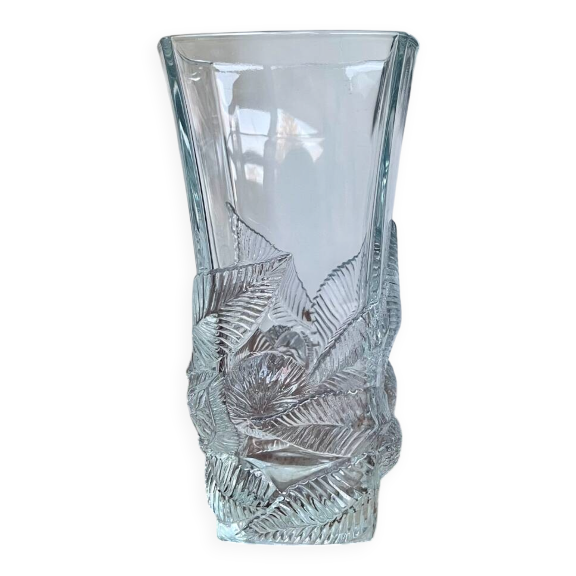 Large moulded glass vase with a floral design