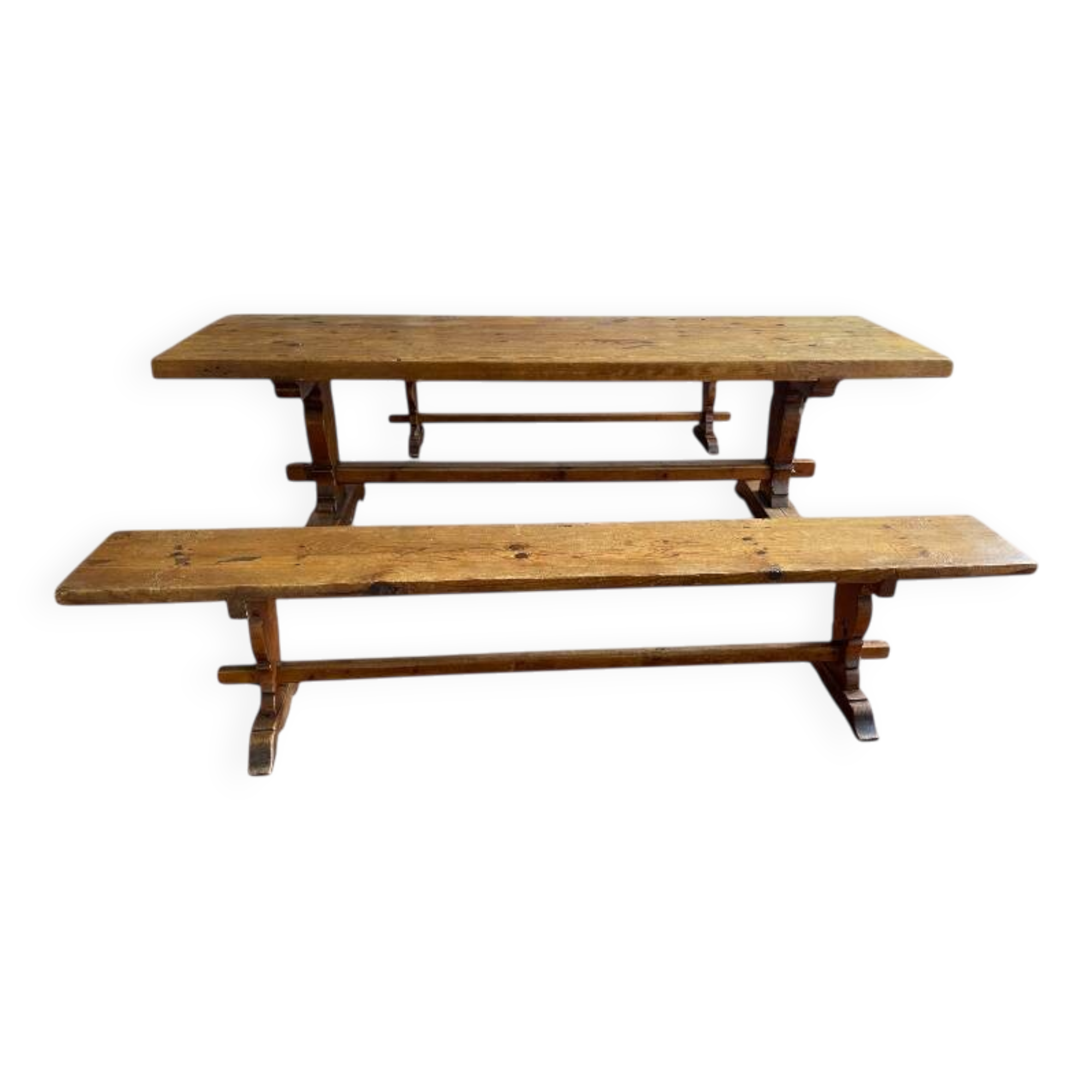 Oak monastery table with 2 original benches