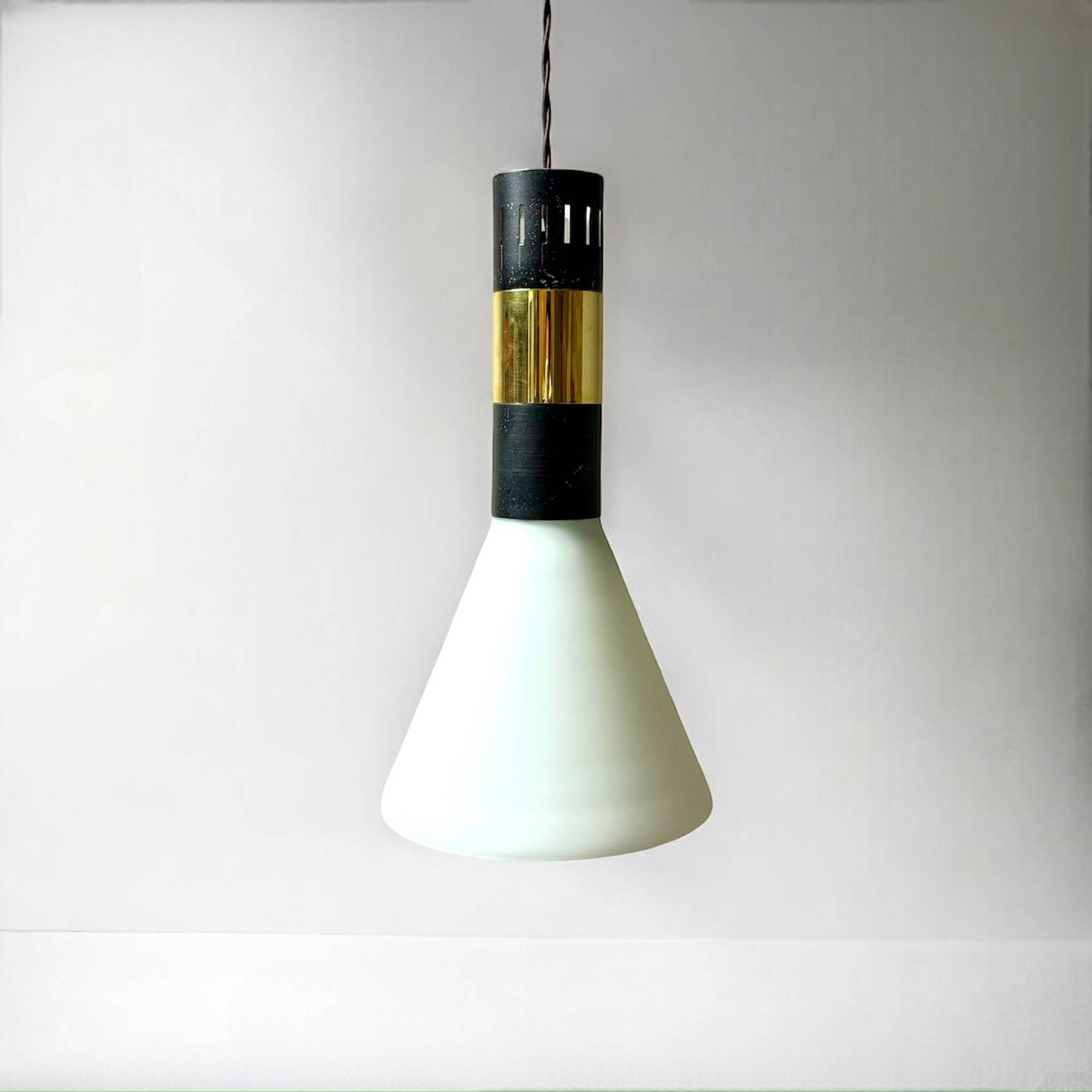 Hanging Light in Opaline Glass and Brass attributed to Stilnovo, 1950s