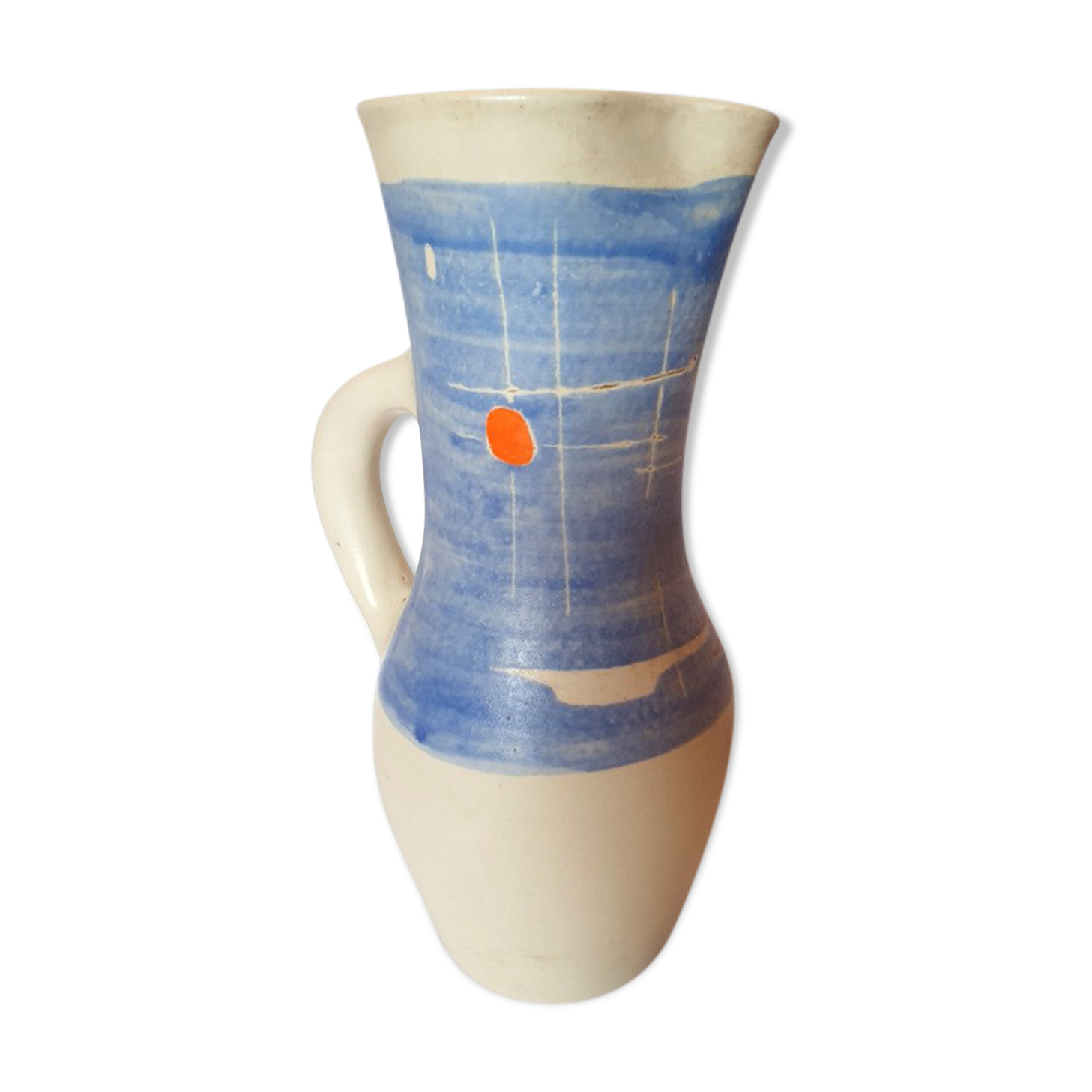 Pitcher Vallauris Vintage Abstract Decor On Blue Glacis Signed R AND G AUGUSTE