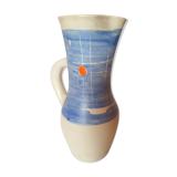 Pitcher Vallauris Vintage Abstract Decor On Blue Glacis Signed R AND G AUGUSTE
