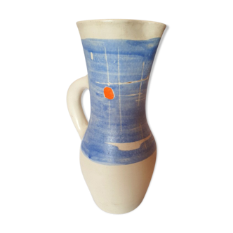 Pitcher Vallauris Vintage Abstract Decor On Blue Glacis Signed R AND G AUGUSTE