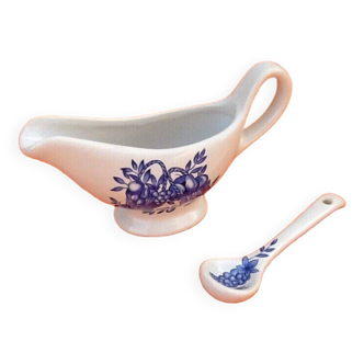 White porcelain gravy boat, fruit basket decor