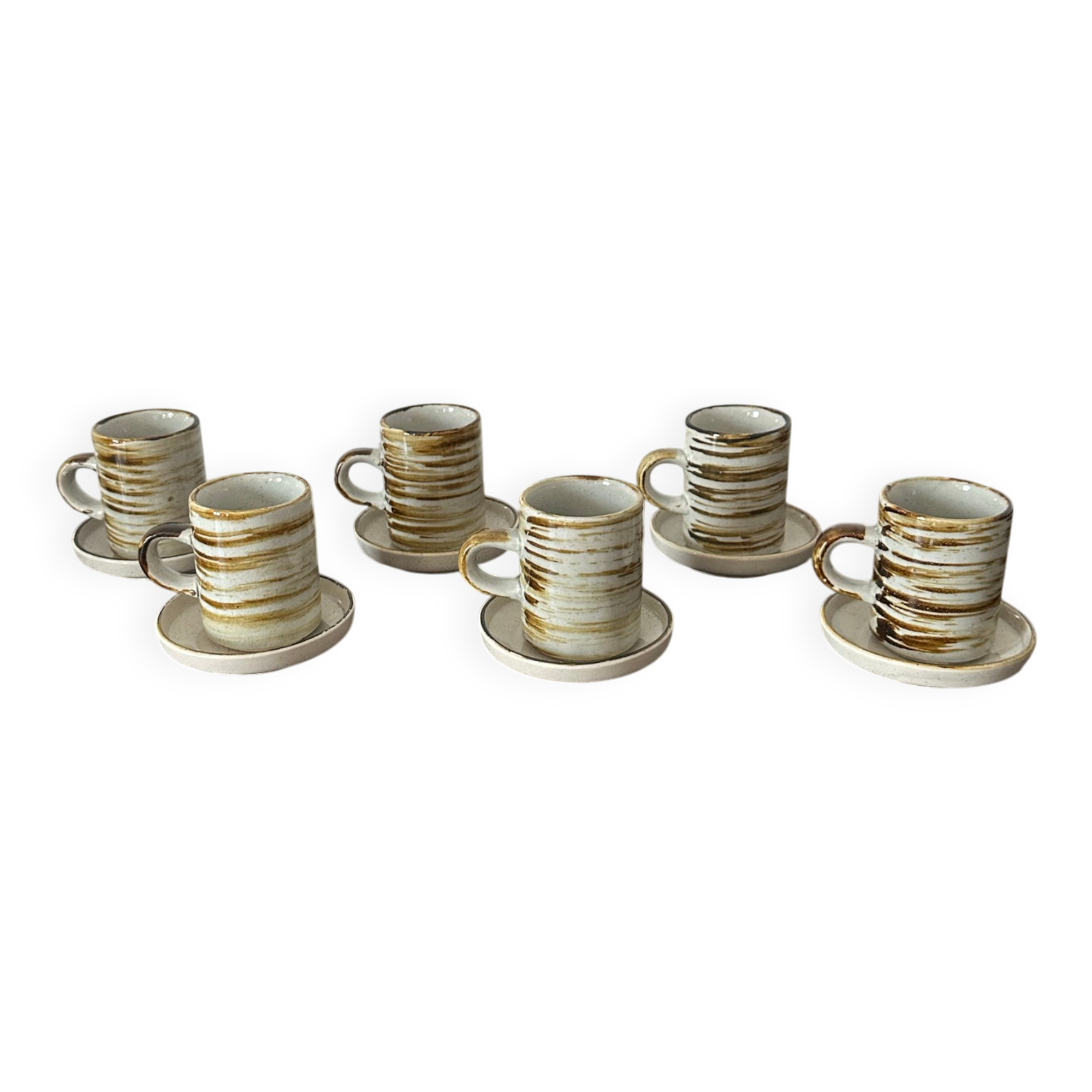 Set of 6 vintage glazed stoneware cups and saucers from the 1950s, new.