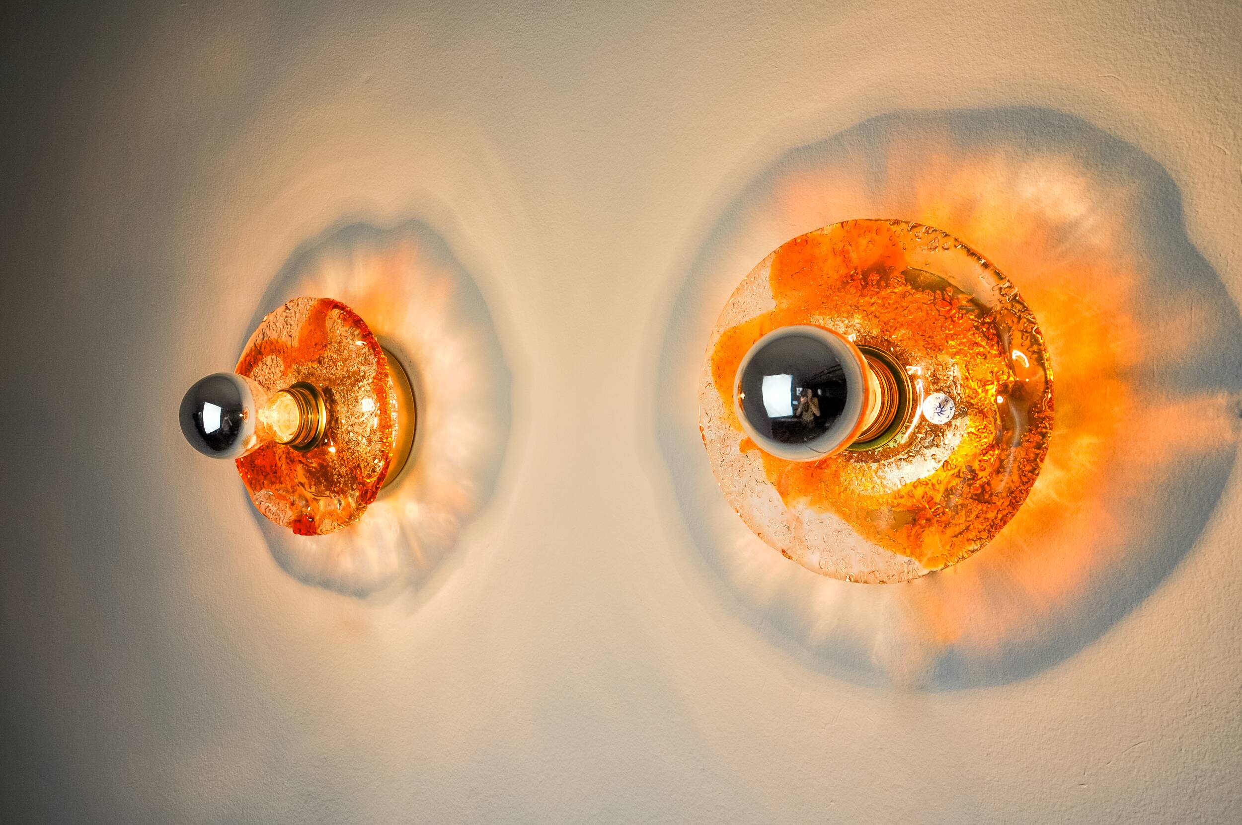 Pair of round wall lights by Murano Mazzega in orange frosted glass, Italy, 1970
