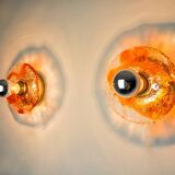 Pair of round wall lights by Murano Mazzega in orange frosted glass, Italy, 1970