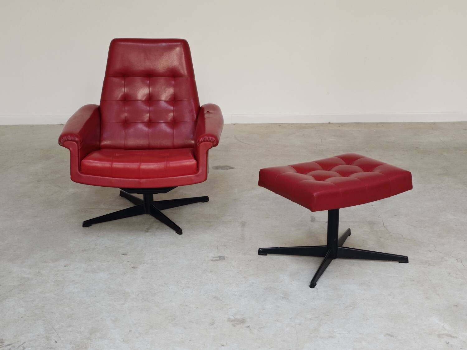 Red Faux Leather Swivel Chair and Footrest by Up Zavody 1970