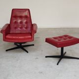 Red Faux Leather Swivel Chair and Footrest by Up Zavody 1970