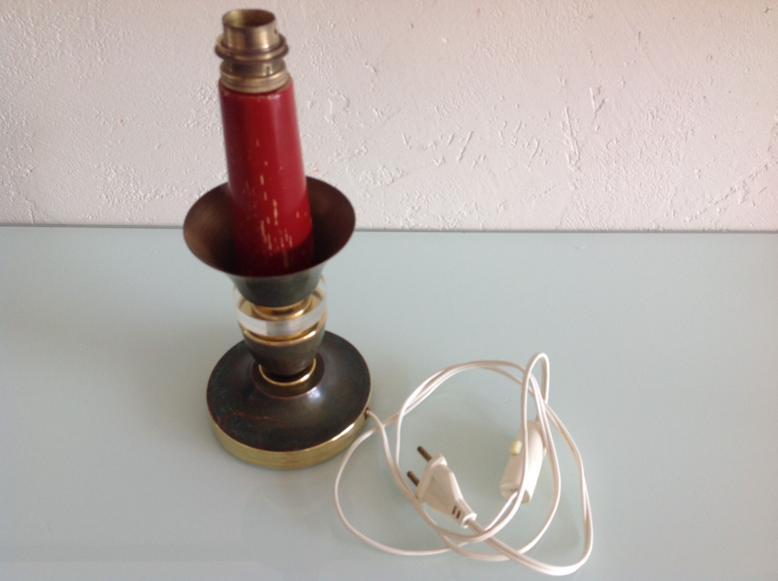 Brass lamp foot and art deco style wood