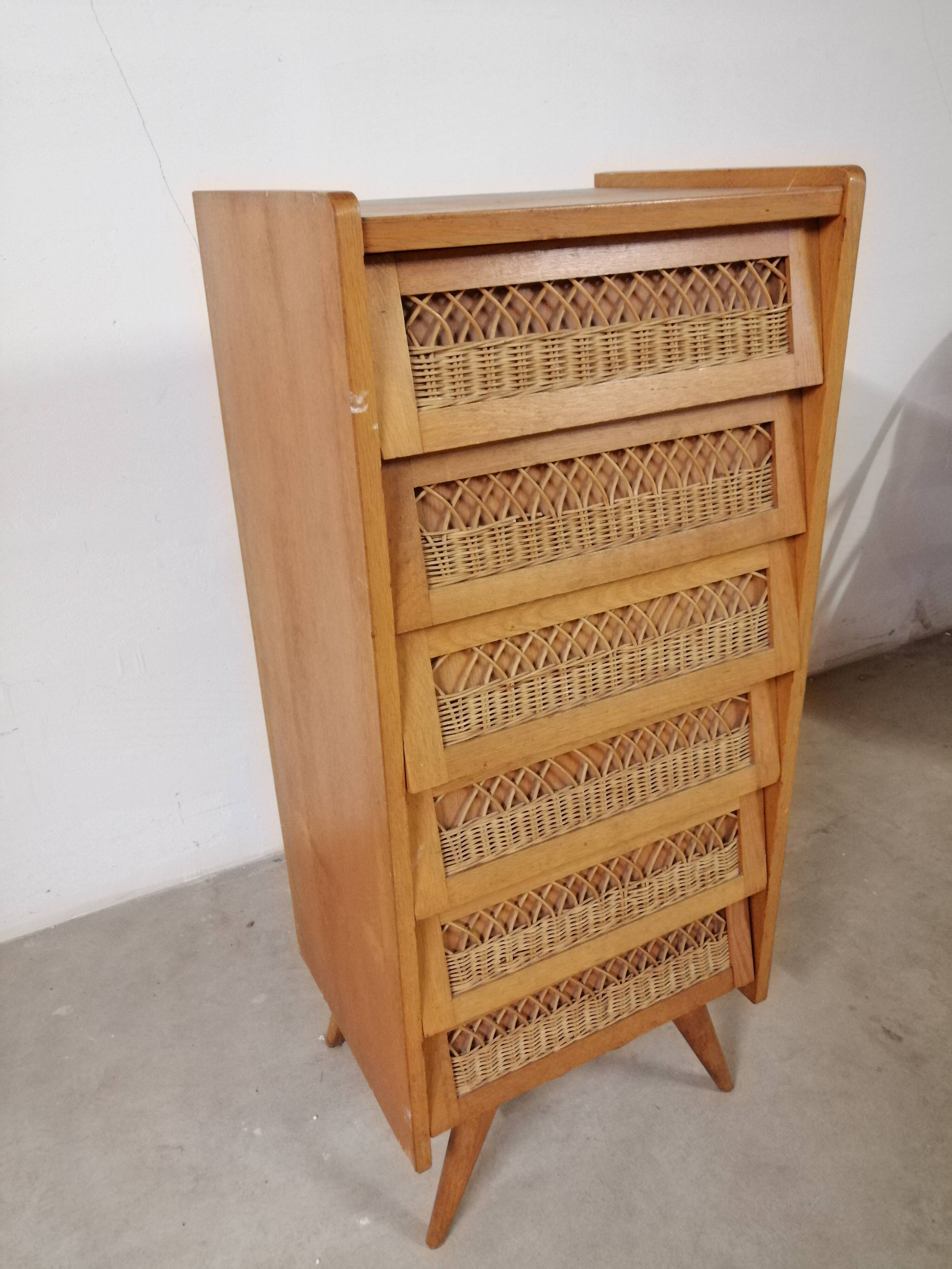Wooden and rattan chiffonnnier 6 drawers