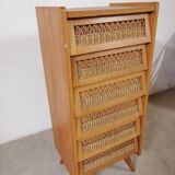 Chiffonnnier bois et rotin 6 tiroirs