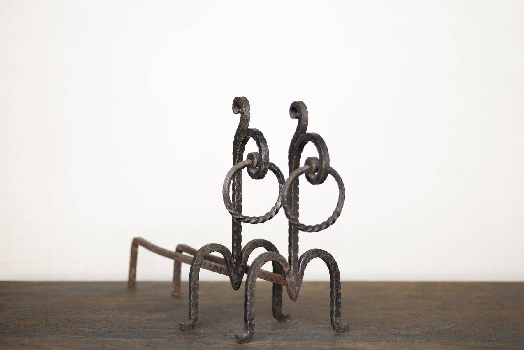 Brutalist wrought iron andirons, Italy, 1970s, set of 2.