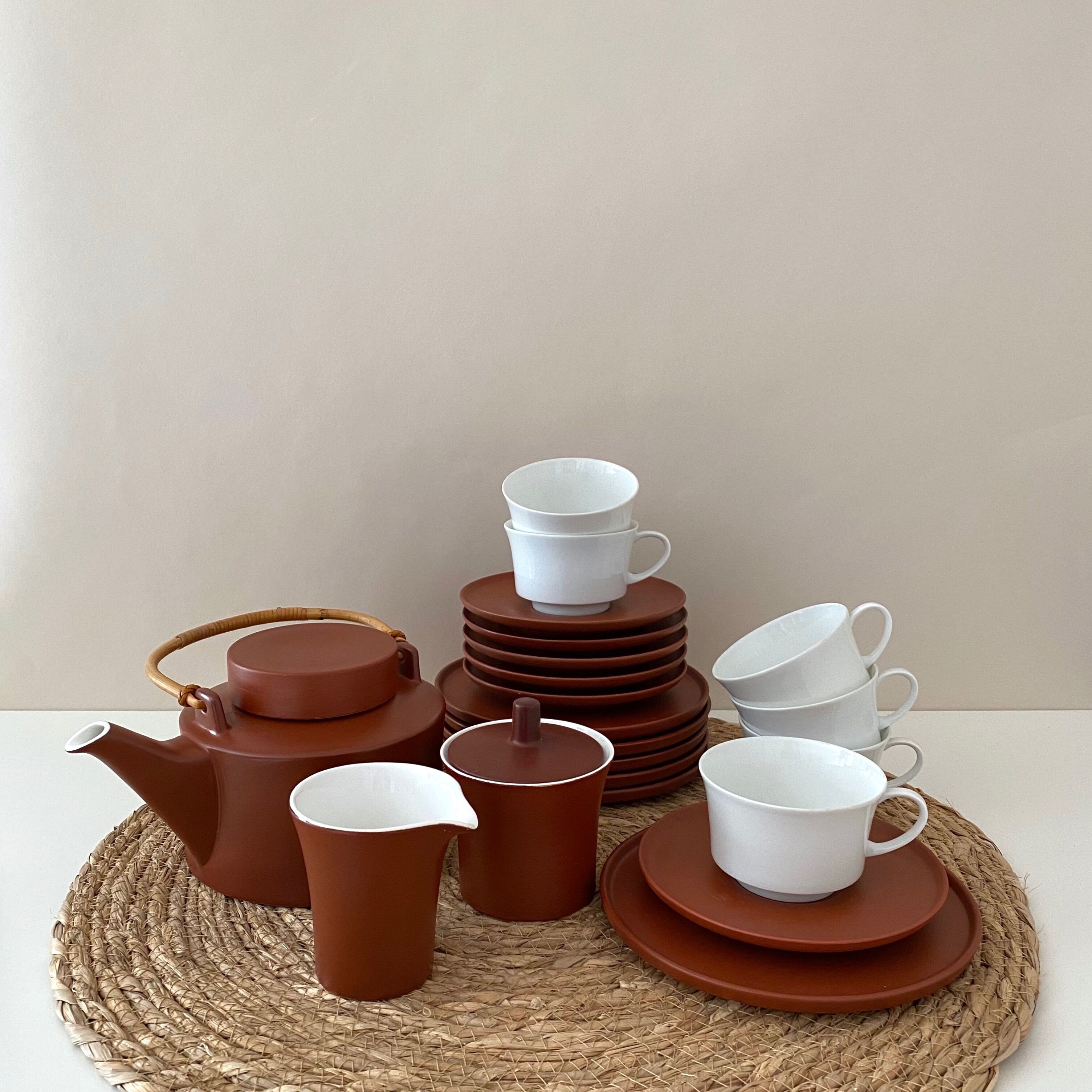 Tea service terracotta for 6 persons, vintage porcelain, 60's