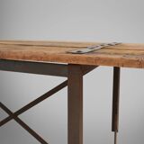 Industrial side table with metal frame and wooden top and removable platform, Belgium, 1920