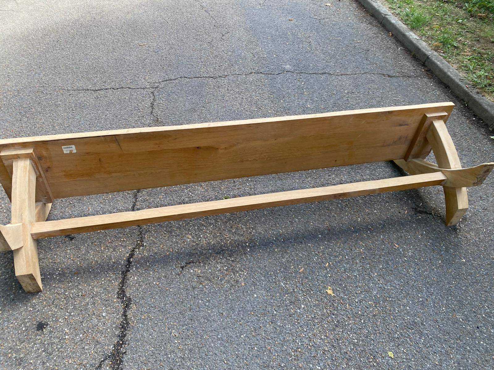 Monastery bench with a 220 cm backrest, renovated in raw solid oak with X legs.