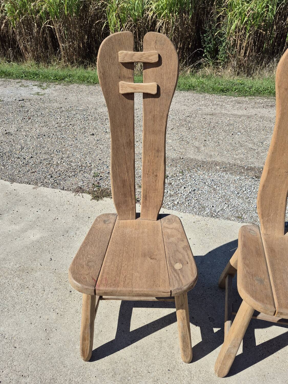 Set 4 vintage brutalist dining chairs De Puydt Belgium solid oak