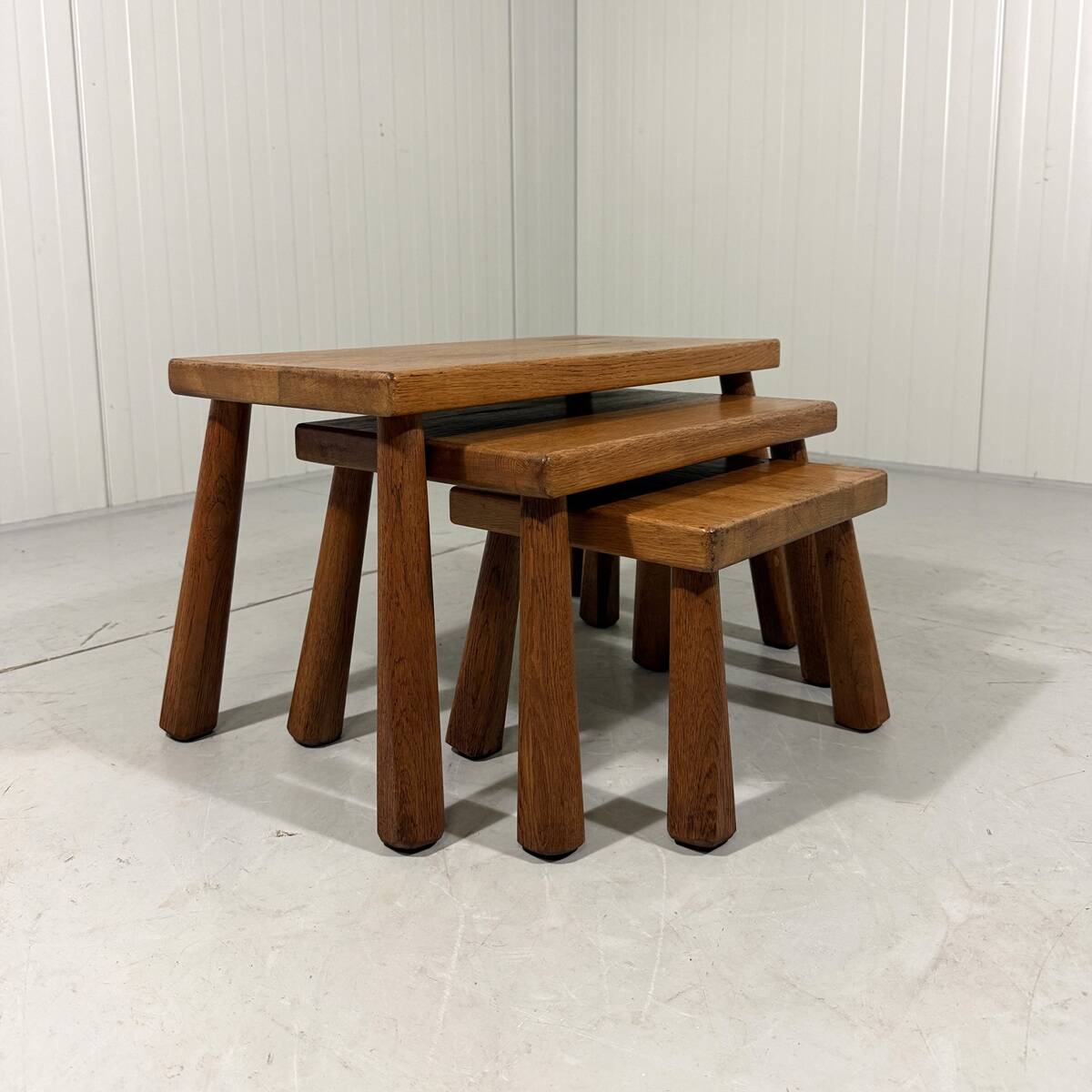 Brutalist rustic blond oak nesting tables