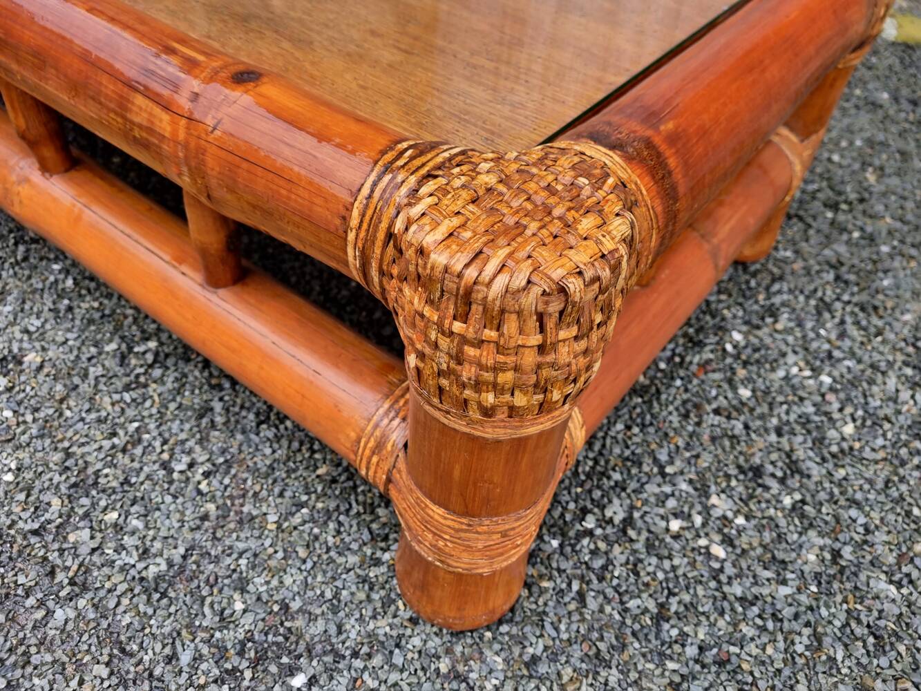 Bamboo, rattan and glass coffee table, 80s