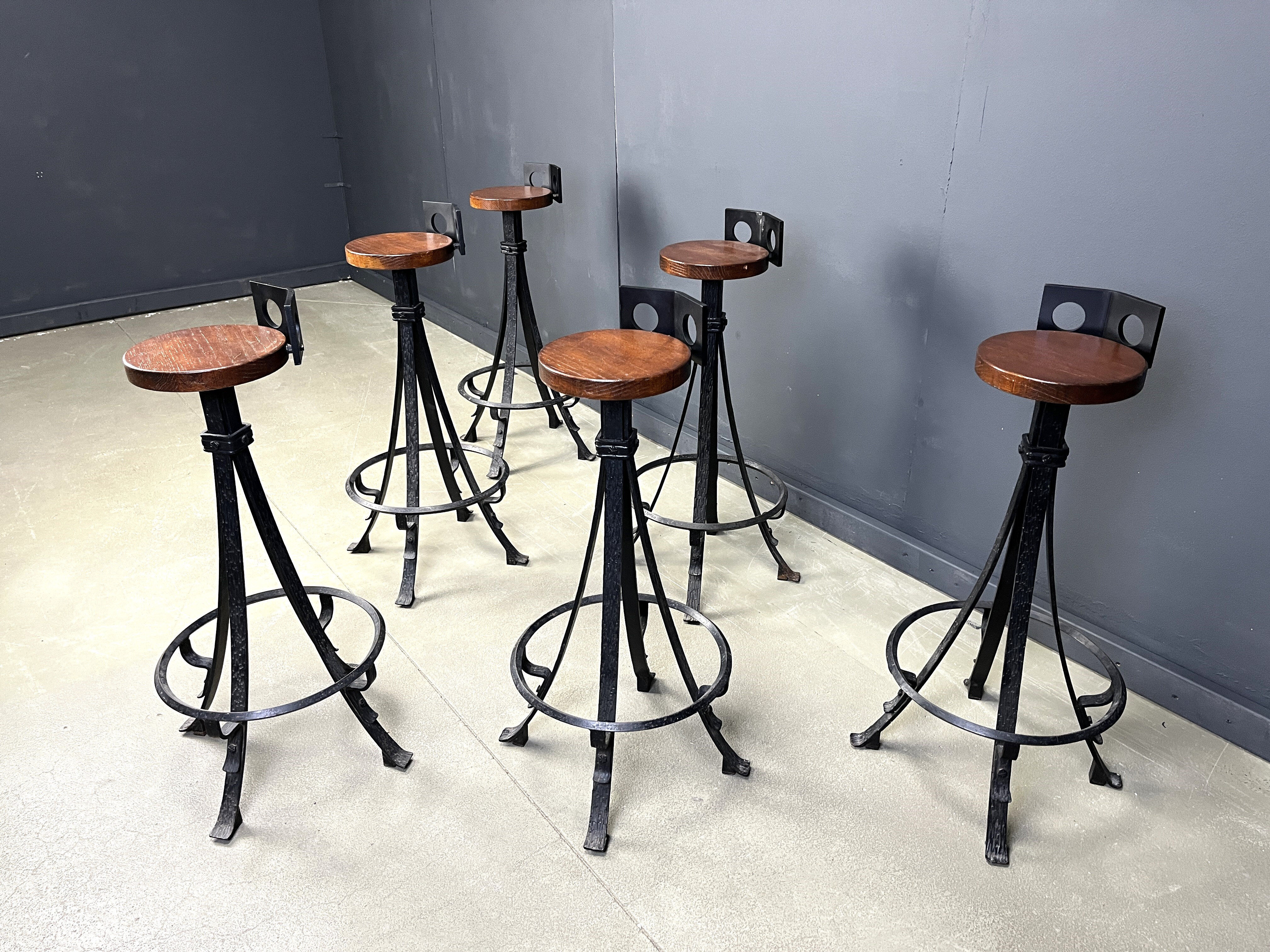 Vintage brutalist wrought iron bar stools, 1960s - set of 6