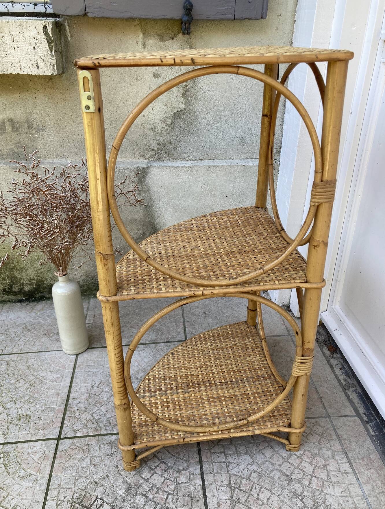 Vintage rattan corner shelf