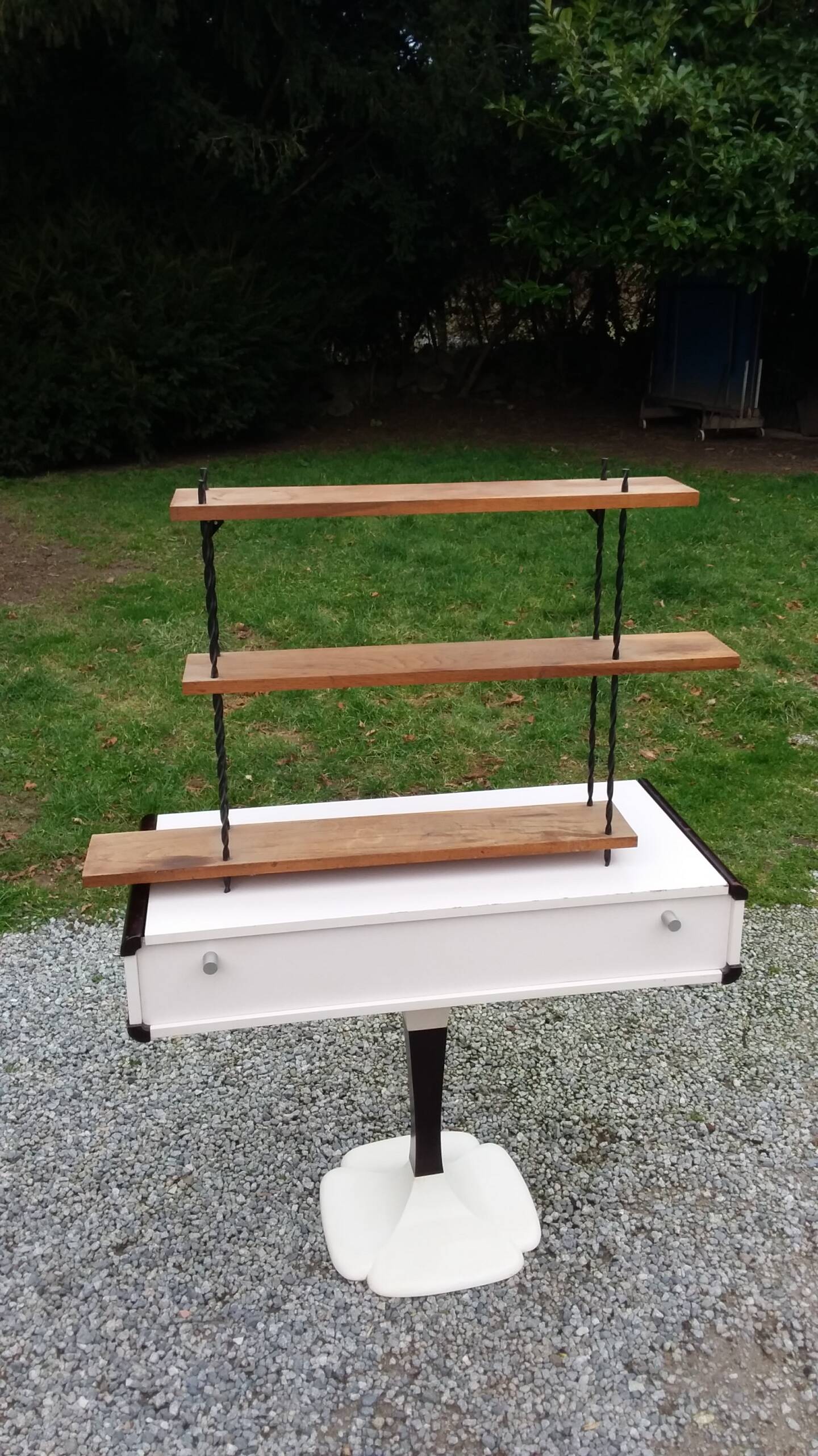 Vintage asymmetrical wall shelf in solid oak and metal from the 60s