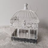Cage for metal decoration, white patina and rattan, wedding decoration, aviary
