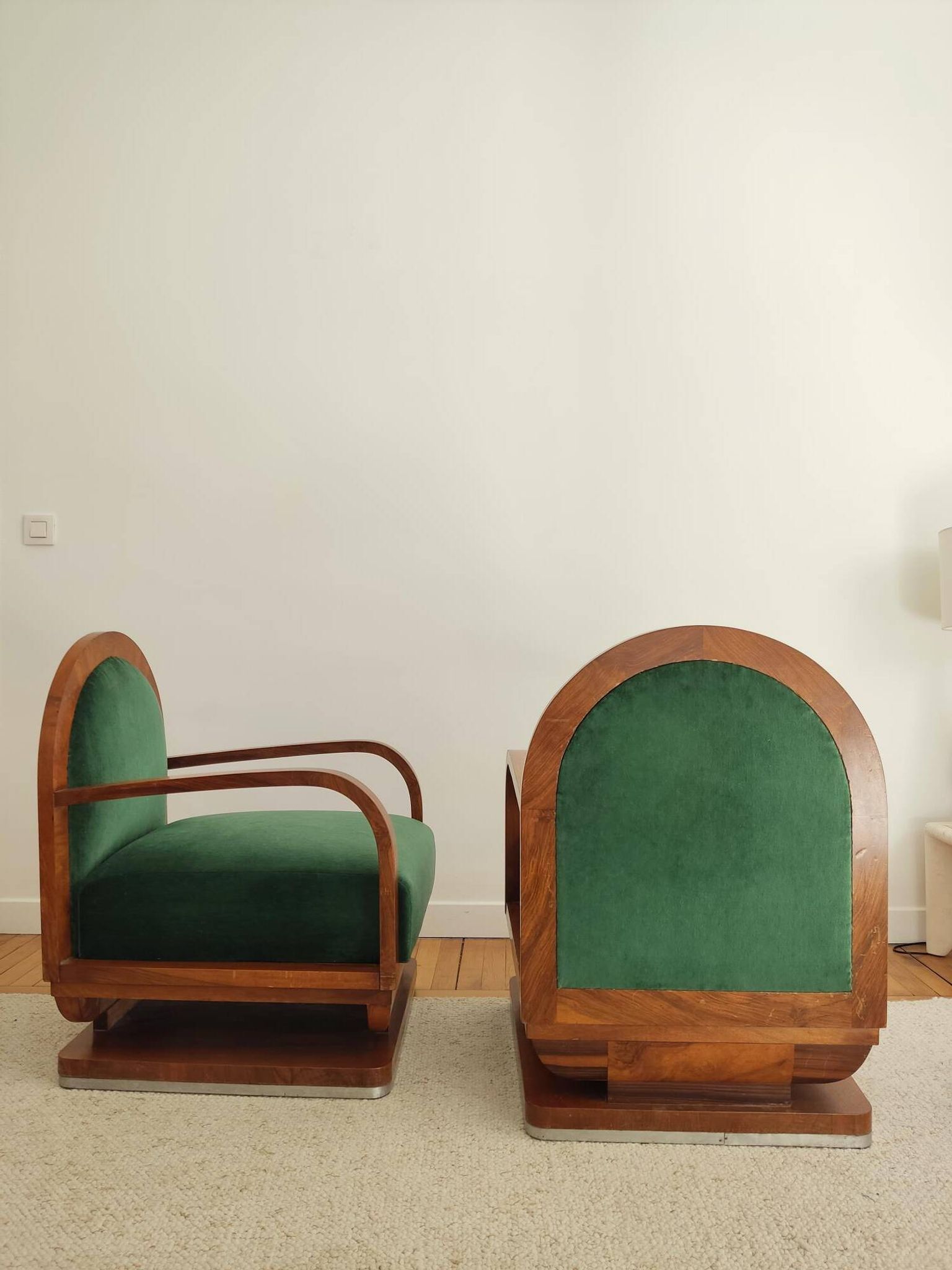 Pair of art deco armchairs - green mohair velvet