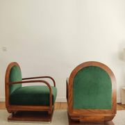Pair of art deco armchairs - green mohair velvet