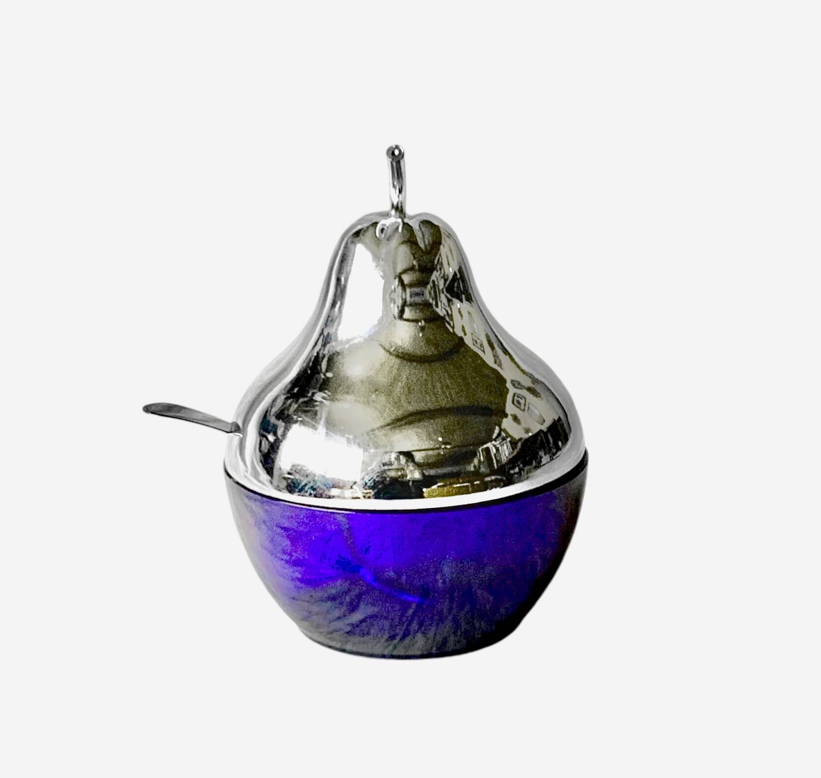 Vintage pear jam and sugar bowl in chromed metal and cobalt blue glass