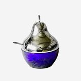 Vintage pear jam and sugar bowl in chromed metal and cobalt blue glass