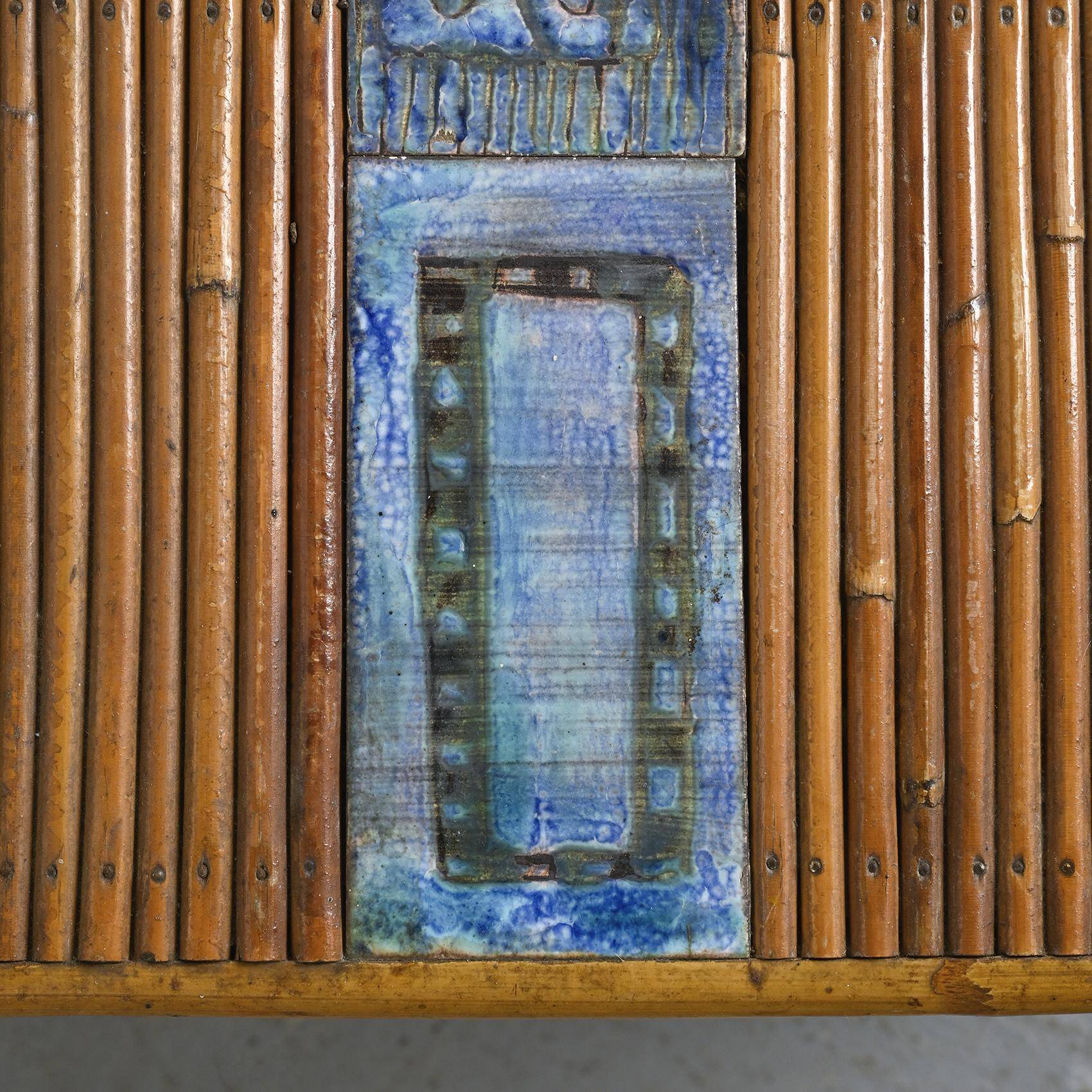 Coffee table with blue ceramic tiles by Robert and Jean Cloutier
