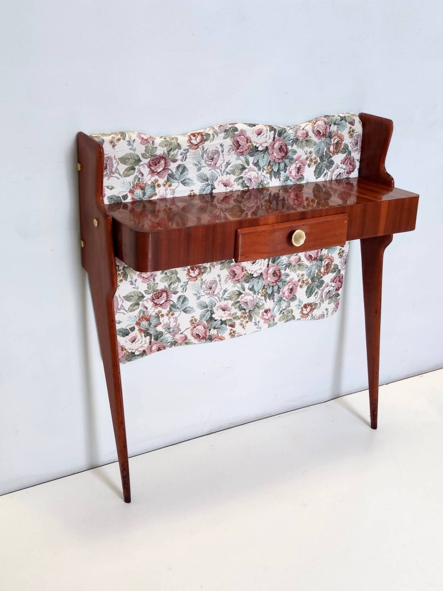 Ebonized Beech and Rose-Patterned Fabric Console with a Drawer, Italy