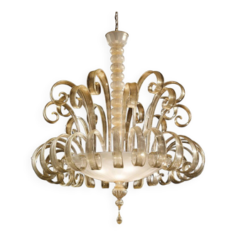 Lustre vénitien en verre de Murano blanc et doré