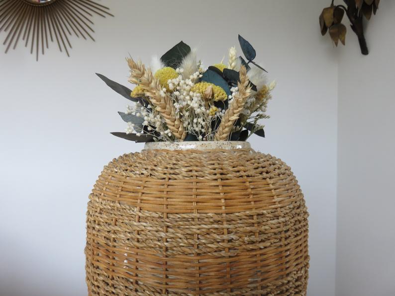 Rattan vase, braided rope and 80s ceramics