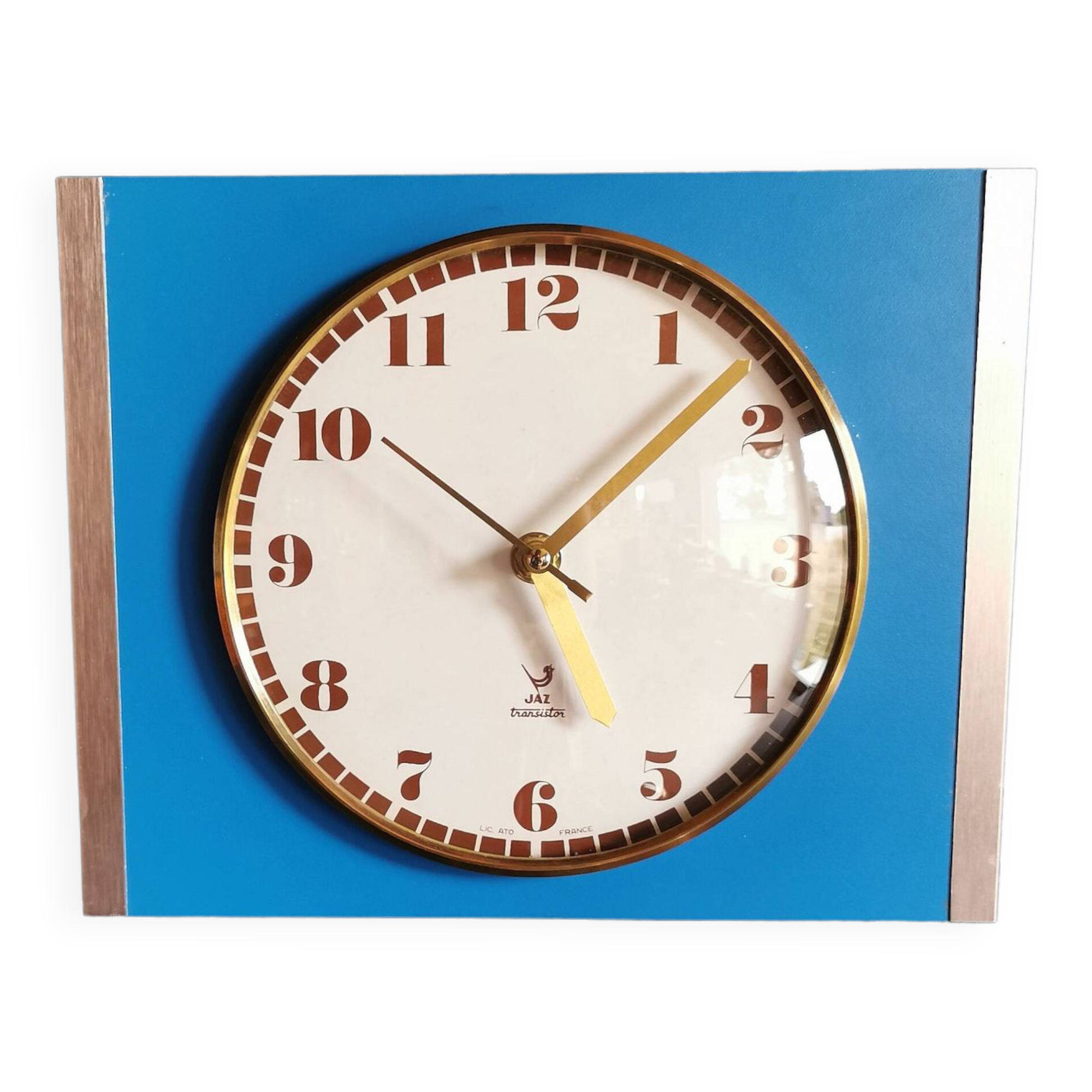 Vintage formica clock rectangular silent wall clock "Jaz golden blue"