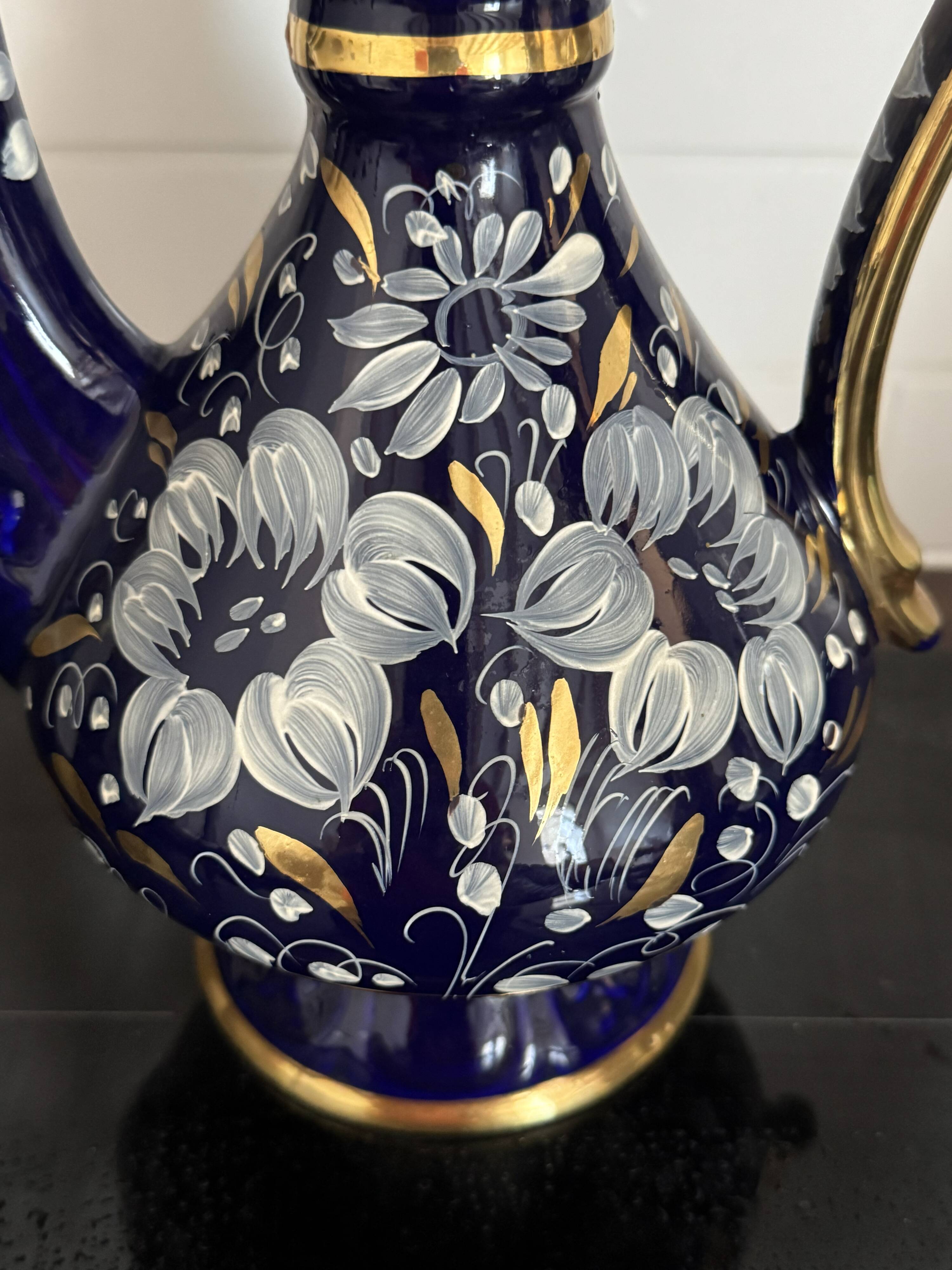 Pair of vintage jugs / pitchers in cobalt blue and gold ceramic – Made i