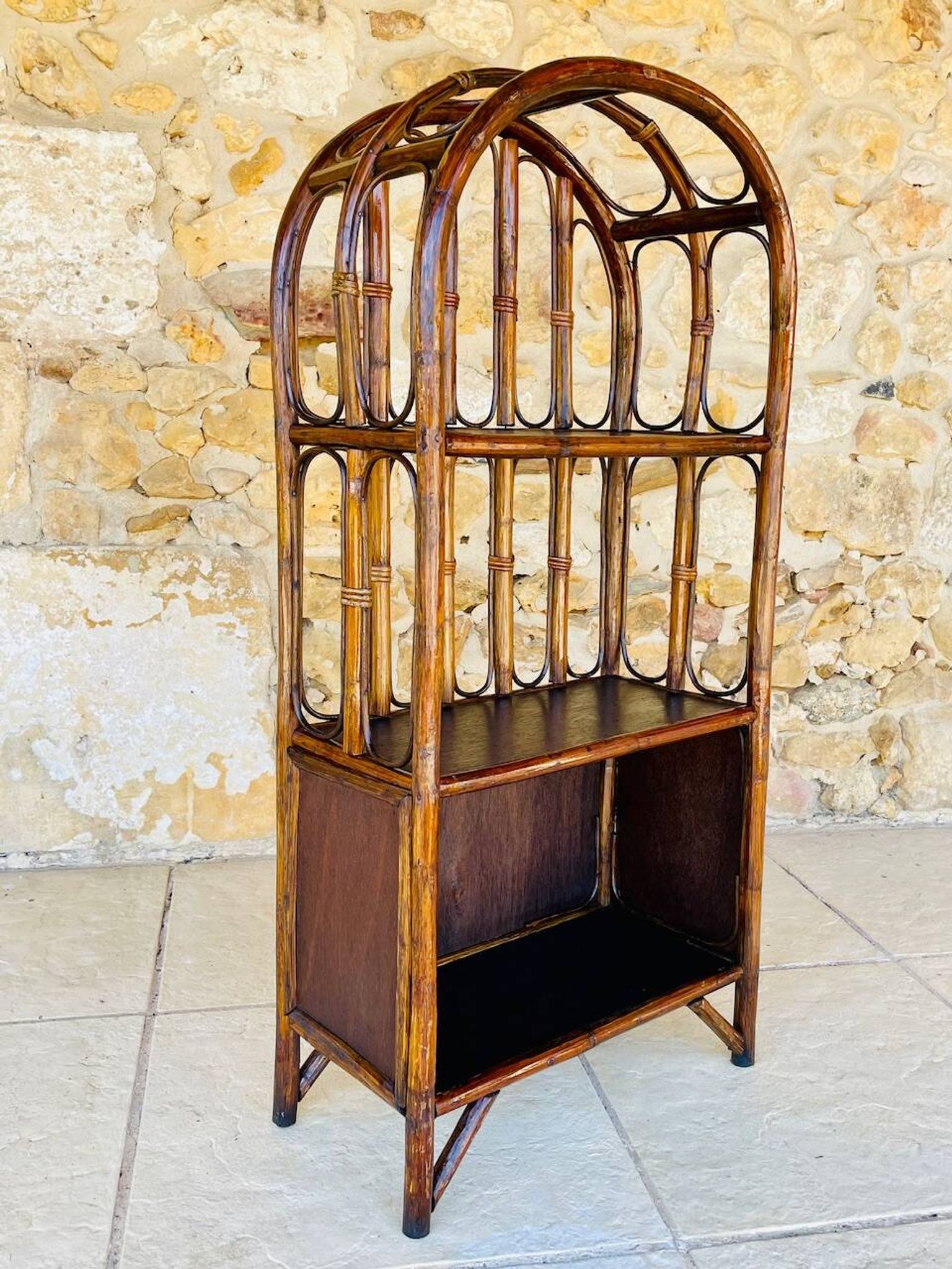 Vintage two-tier bamboo and rattan shelf with storage, Circa 1960