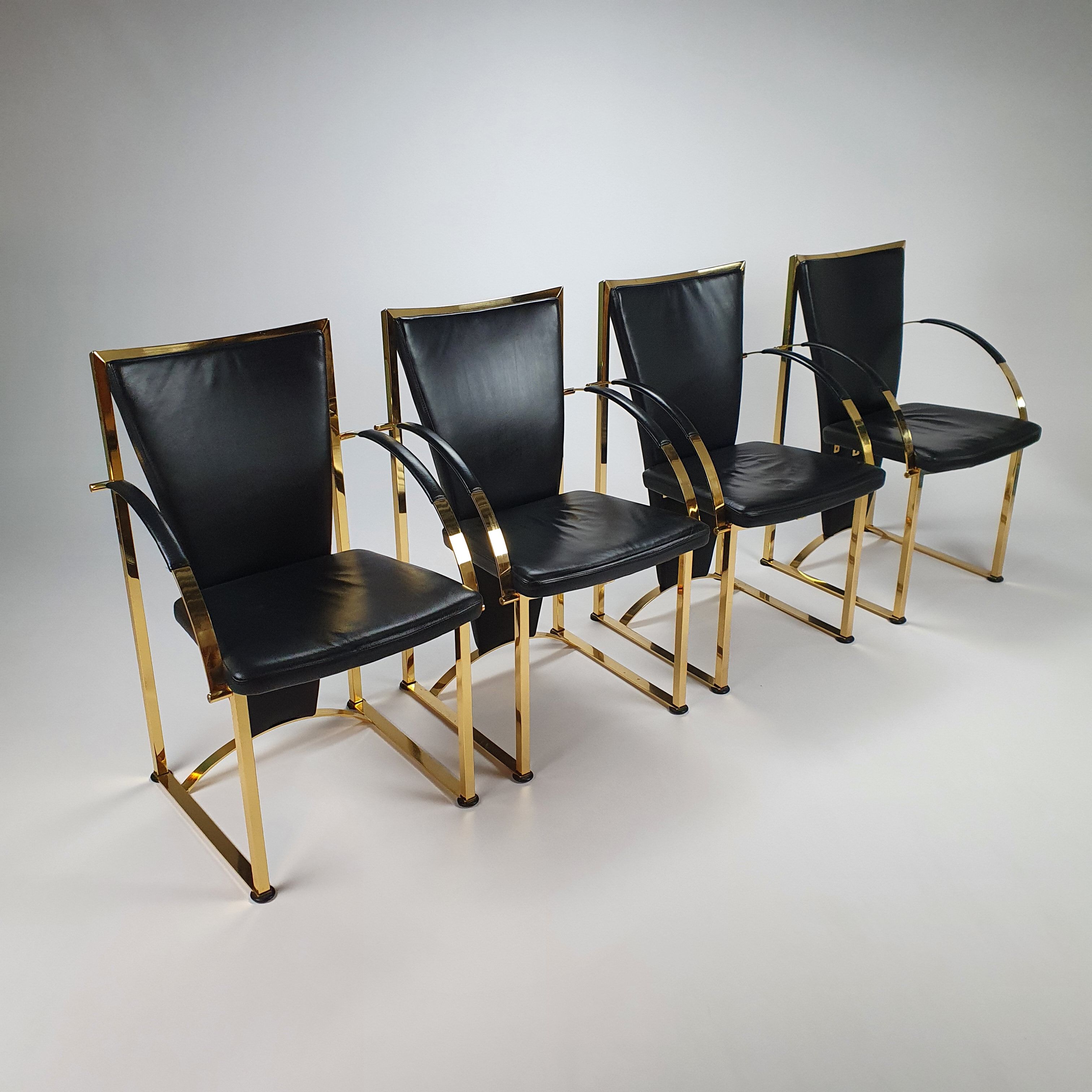 Regency exclusive brass & leather dining chairs by Ronald Schmitt, Set of 4