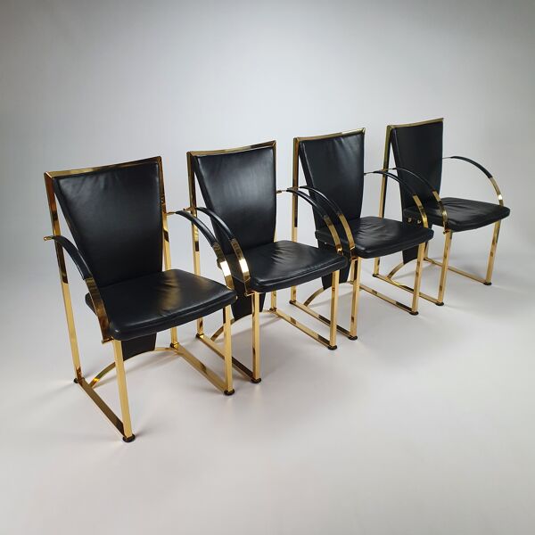 Chaises exclusive en laiton et chaises à manger en cuir par Ronald Schmitt, Set de 4