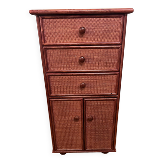 Small Chiffonier / Vintage red lacquered rattan storage unit