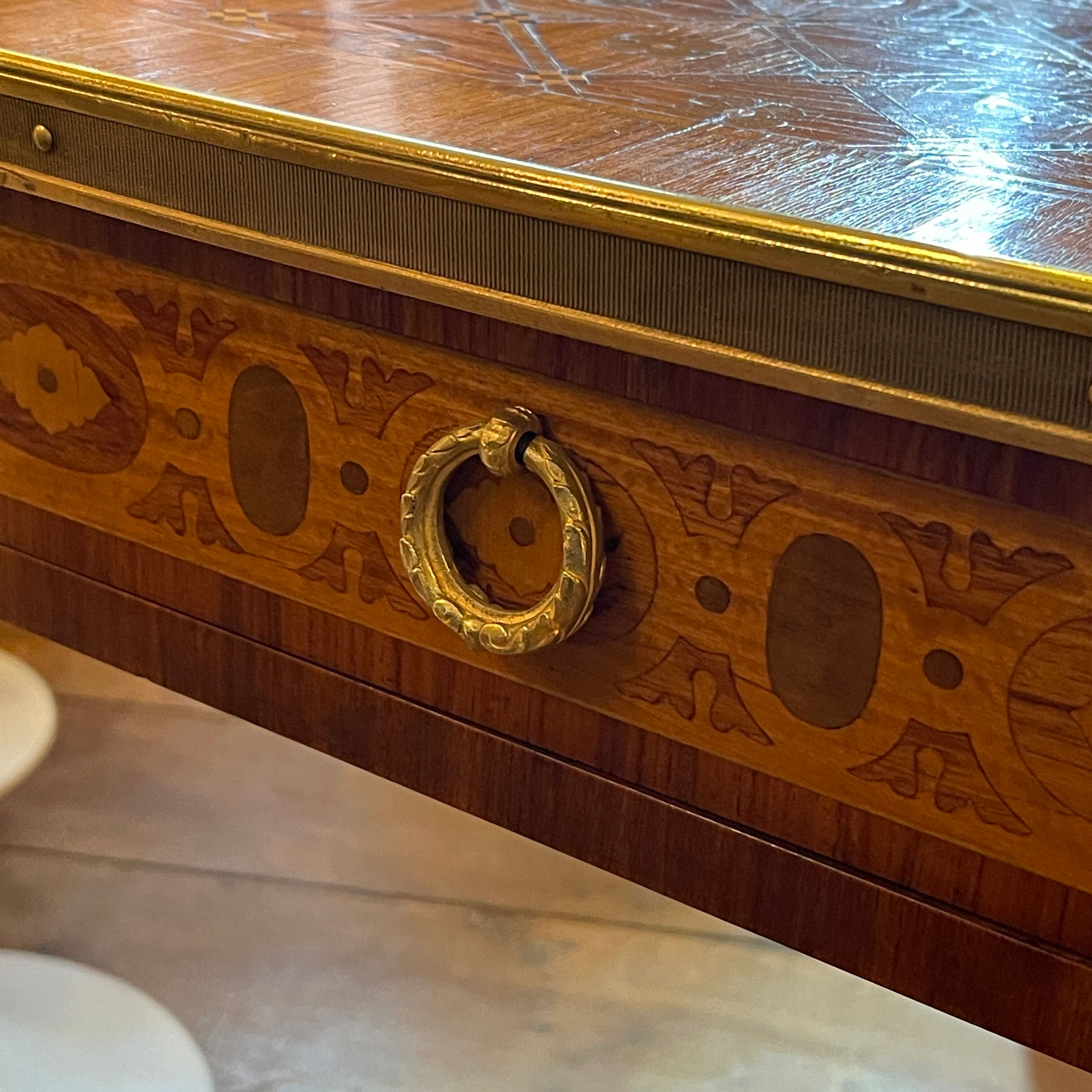 Louis XVI Directoire desk table richly inlaid, brass belt and 2 drawers, 19th century
