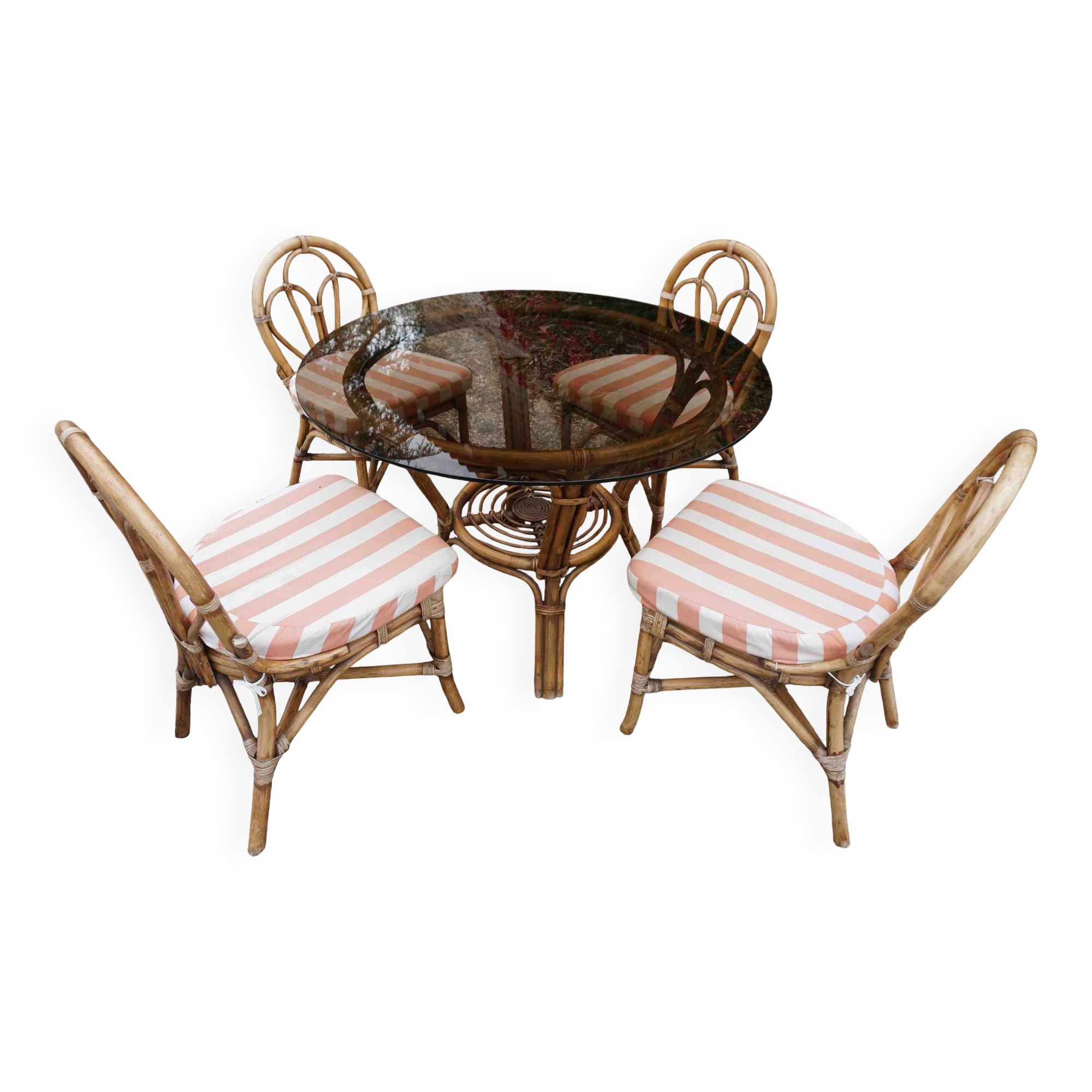 dining table and chairs made of curved bamboo and rattan with smoked glass from the 1970s