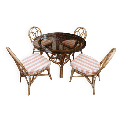 salle à manger table et chaises bambou courbé et rotin verre fumé années 70