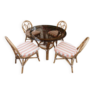 salle à manger table et chaises bambou courbé et rotin verre fumé années 70