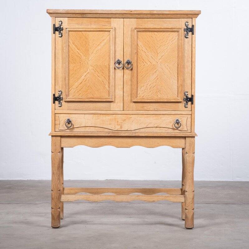 Small Brutalist Oak Cabinet with Brass Handles, Denmark, 1960s